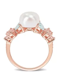 8.5-9mm Cultured Freshwater Pearl and 1 2/5 CT TGW Morganite Aquamarine White Topaz Cocktail Ring 18k Rose Plated Sterling Silver