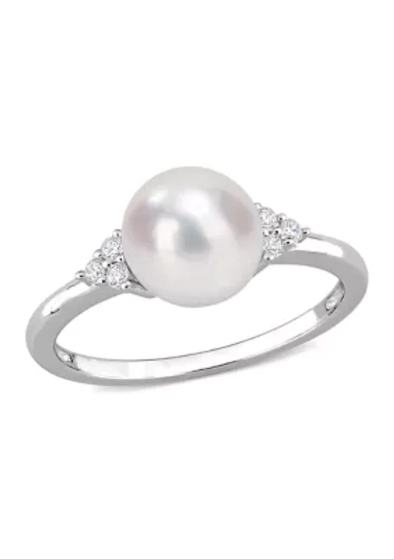 7.5-8mm Freshwater Cultured Pearl and 1/10 CT TGW White Cubic Zirconia Ring Sterling Silver