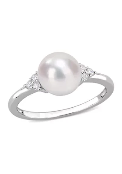 7.5-8mm Freshwater Cultured Pearl and 1/10 CT TGW White Cubic Zirconia Ring Sterling Silver