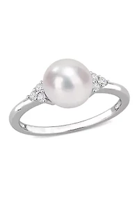 7.5-8mm Freshwater Cultured Pearl and 1/10 CT TGW White Cubic Zirconia Ring Sterling Silver
