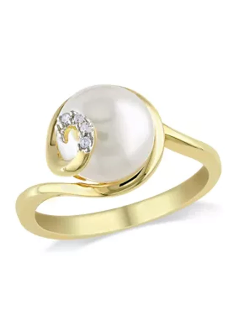 9 - 9.5 MM White Cultured Freshwater Pearl Ring with Diamonds Yellow Plated Sterling Silver
