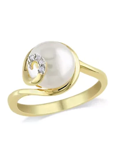 9 - 9.5 MM White Cultured Freshwater Pearl Ring with Diamonds Yellow Plated Sterling Silver