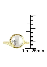 9 - 9.5 MM White Cultured Freshwater Pearl Ring with Diamonds Yellow Plated Sterling Silver