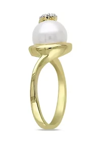9 - 9.5 MM White Cultured Freshwater Pearl Ring with Diamonds Yellow Plated Sterling Silver