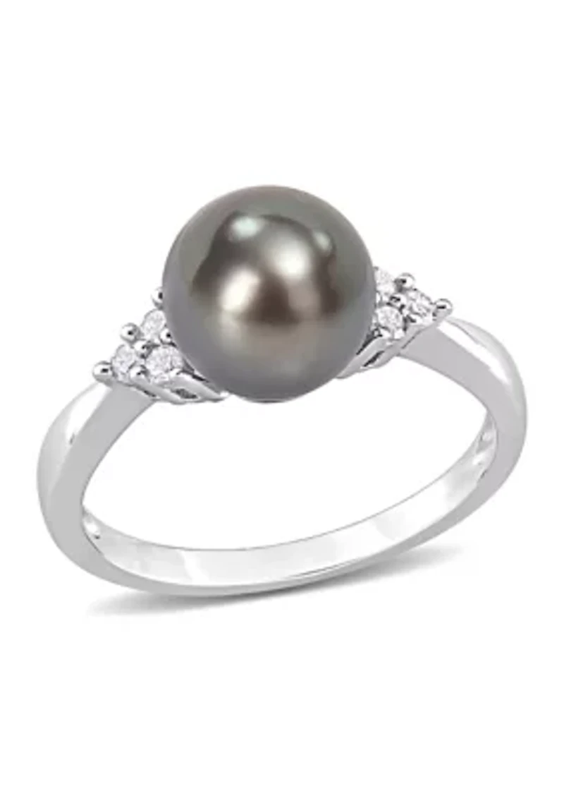 8-8.5mm Black Tahitian Pearl and 1/8 CT TDW Diamond Ring Sterling Silver