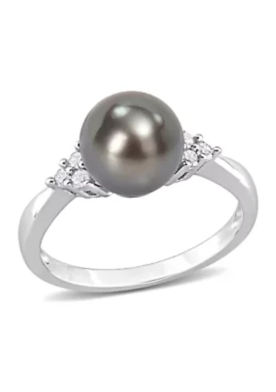 8-8.5mm Black Tahitian Pearl and 1/8 CT TDW Diamond Ring Sterling Silver