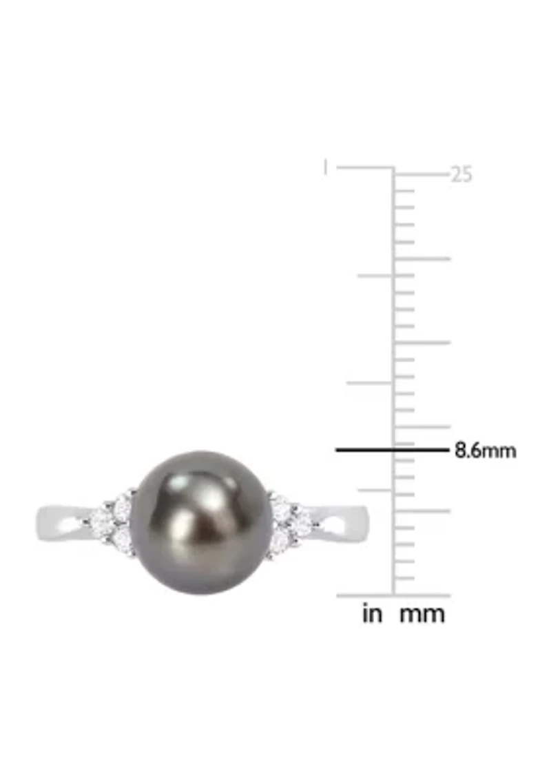 8-8.5mm Black Tahitian Pearl and 1/8 CT TDW Diamond Ring Sterling Silver