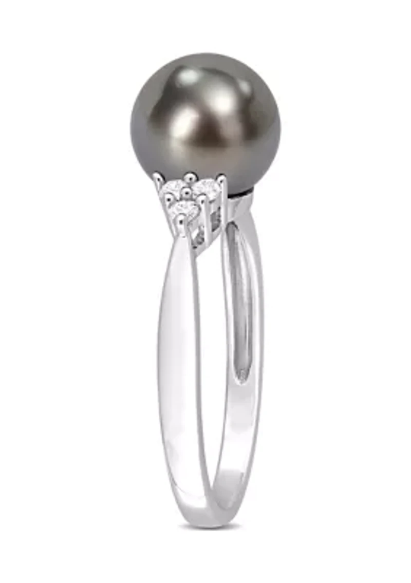 8-8.5mm Black Tahitian Pearl and 1/8 CT TDW Diamond Ring Sterling Silver
