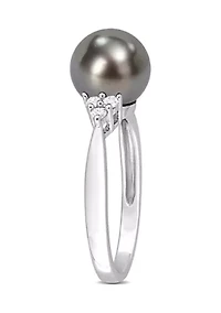 8-8.5mm Black Tahitian Pearl and 1/8 CT TDW Diamond Ring Sterling Silver