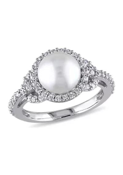 8.5 - 9 MM White Cultured Freshwater Pearl and Cubic Zirconia Halo Ring Sterling Silver