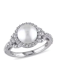 8.5 - 9 MM White Cultured Freshwater Pearl and Cubic Zirconia Halo Ring Sterling Silver