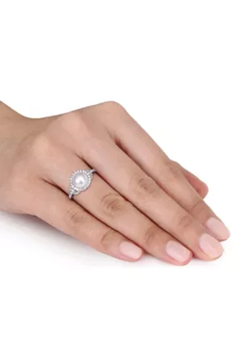 8.5 - 9 MM White Cultured Freshwater Pearl and Cubic Zirconia Halo Ring Sterling Silver