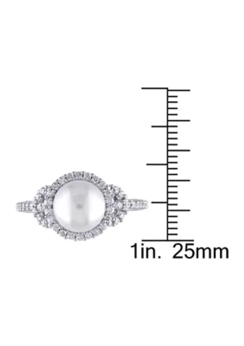 8.5 - 9 MM White Cultured Freshwater Pearl and Cubic Zirconia Halo Ring Sterling Silver
