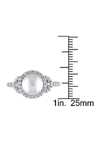 8.5 - 9 MM White Cultured Freshwater Pearl and Cubic Zirconia Halo Ring Sterling Silver