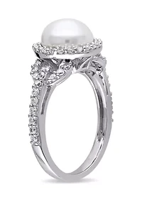 8.5 - 9 MM White Cultured Freshwater Pearl and Cubic Zirconia Halo Ring Sterling Silver