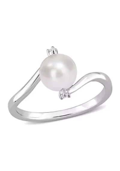 Lab Created 7-7.5mm Freshwater Cultured Pearl and White Sapphire Bypass Ring Sterling Silver