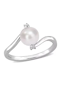 Lab Created 7-7.5mm Freshwater Cultured Pearl and White Sapphire Bypass Ring Sterling Silver