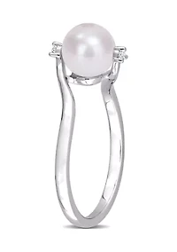 Lab Created 7-7.5mm Freshwater Cultured Pearl and White Sapphire Bypass Ring Sterling Silver