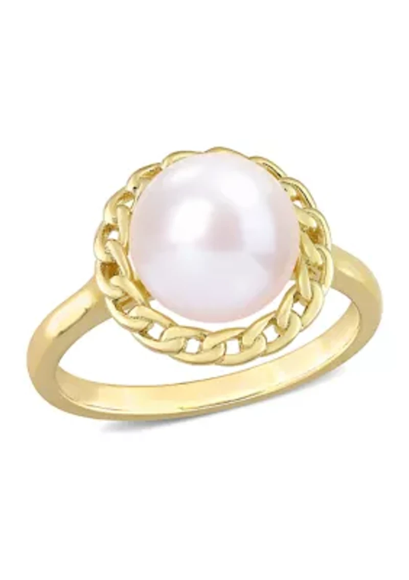 9-9.5mm Cultured Freshwater Pearl Halo Link Ring Yellow Plated Sterling Silver