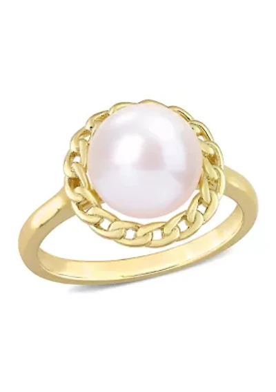 9-9.5mm Cultured Freshwater Pearl Halo Link Ring Yellow Plated Sterling Silver