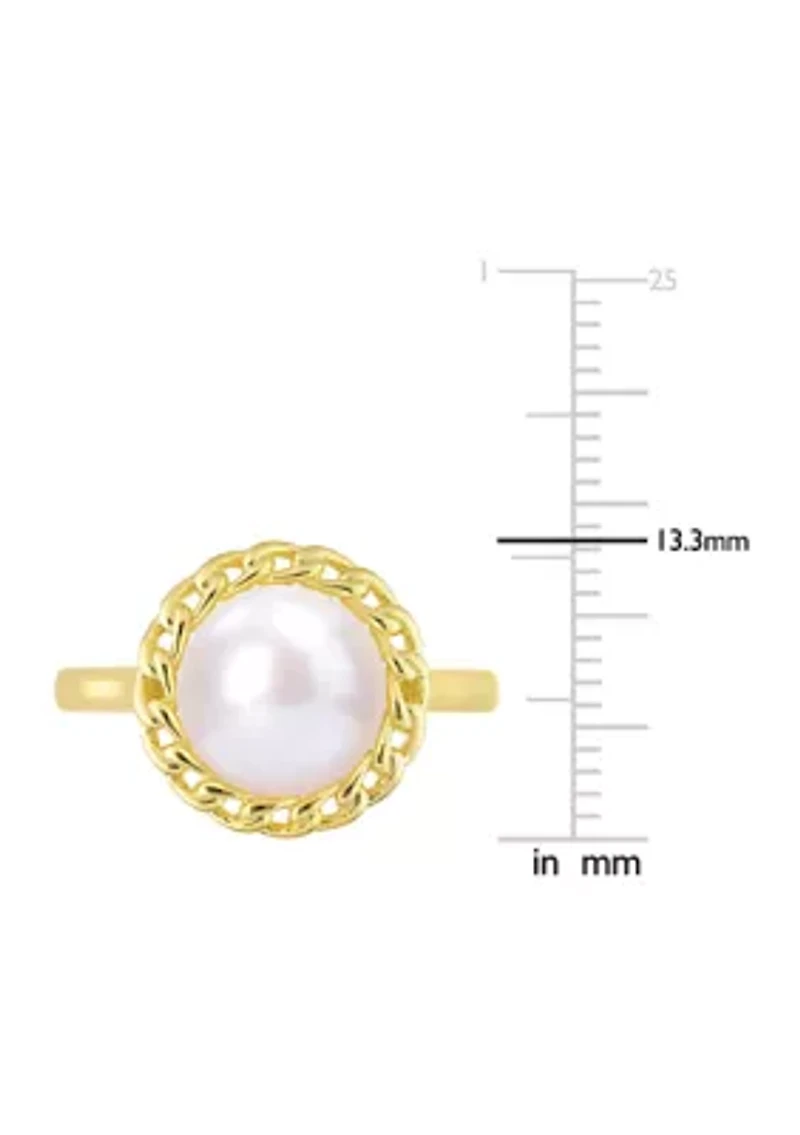 9-9.5mm Cultured Freshwater Pearl Halo Link Ring Yellow Plated Sterling Silver