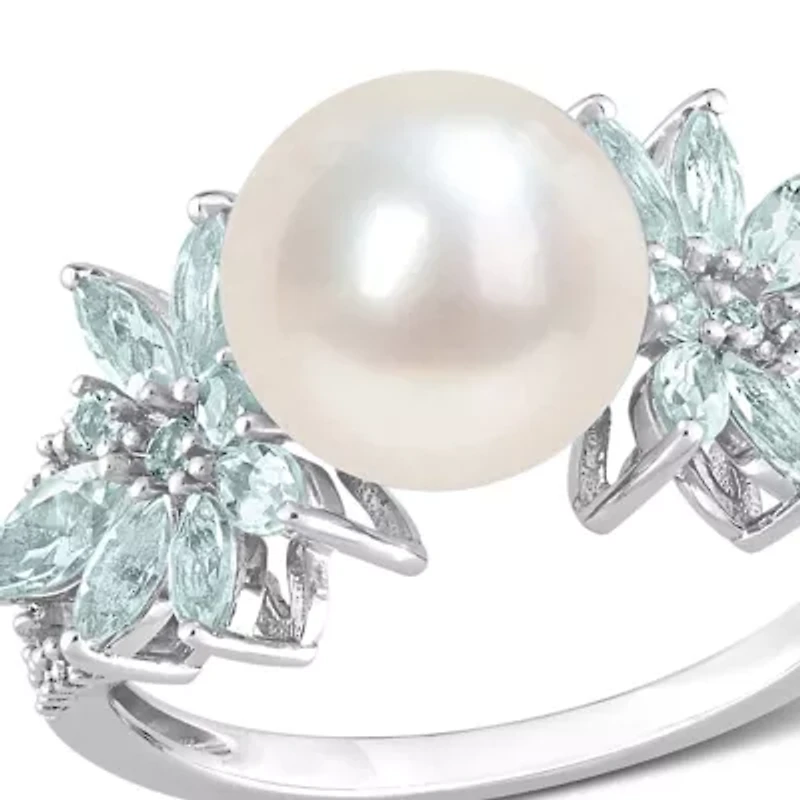 9-9.5mm Cultured Freshwater Pearl and 3/5 CT TGW Aquamarine 1/8 TW Diamond Flower Ring 14k White Gold