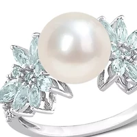 9-9.5mm Cultured Freshwater Pearl and 3/5 CT TGW Aquamarine 1/8 TW Diamond Flower Ring 14k White Gold