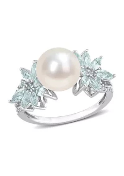 9-9.5mm Cultured Freshwater Pearl and 3/5 CT TGW Aquamarine 1/8 TW Diamond Flower Ring 14k White Gold
