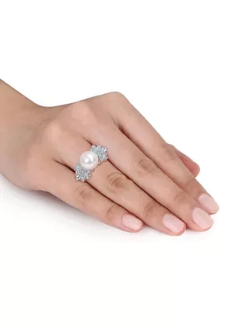 9-9.5mm Cultured Freshwater Pearl and 3/5 CT TGW Aquamarine 1/8 TW Diamond Flower Ring 14k White Gold