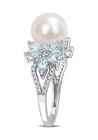 9-9.5mm Cultured Freshwater Pearl and 3/5 CT TGW Aquamarine 1/8 TW Diamond Flower Ring 14k White Gold