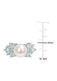 9-9.5mm Cultured Freshwater Pearl and 3/5 CT TGW Aquamarine 1/8 TW Diamond Flower Ring 14k White Gold