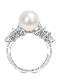 9-9.5mm Cultured Freshwater Pearl and 3/5 CT TGW Aquamarine 1/8 TW Diamond Flower Ring 14k White Gold