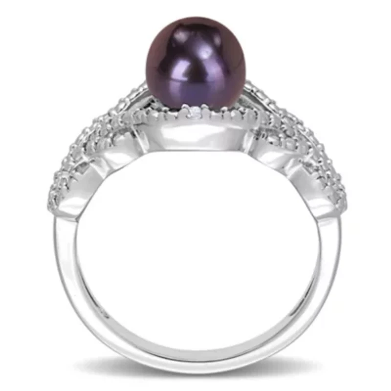 7-7.5mm Black Freshwater Cultured Pearl and Diamond Accent Criss-Cross Ring Sterling Silver