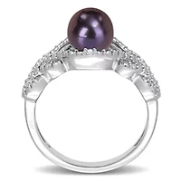 7-7.5mm Black Freshwater Cultured Pearl and Diamond Accent Criss-Cross Ring Sterling Silver