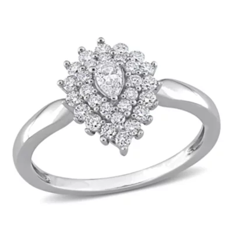 1/2 ct. t.w. Pear and Round Diamond Graduated Halo Engagement Ring 14K White Gold