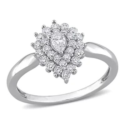 1/2 ct. t.w. Pear and Round Diamond Graduated Halo Engagement Ring 14K White Gold