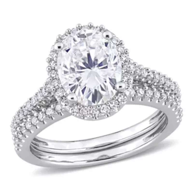 Lab Created 2 CT DEW Oval-Cut Moissanite and 1/3 TW Diamond Bridal Set 14k White Gold