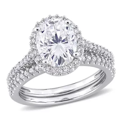Lab Created 2 CT DEW Oval-Cut Moissanite and 1/3 TW Diamond Bridal Set 14k White Gold
