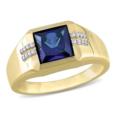 Lab Created Square Blue Sapphire and Diamond Accent Men's Ring 10k Yellow Gold