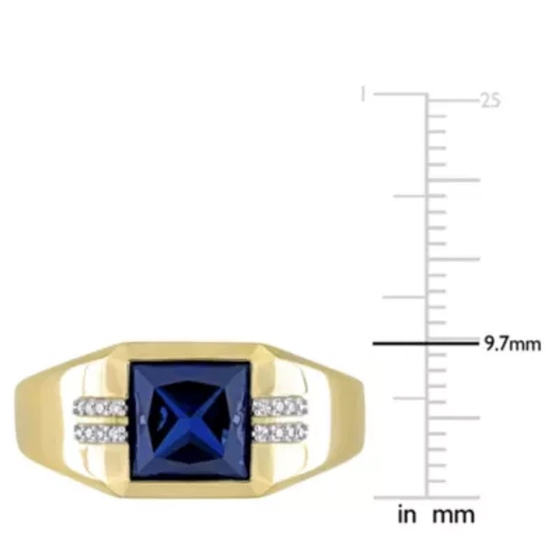 Lab Created Square Blue Sapphire and Diamond Accent Men's Ring 10k Yellow Gold