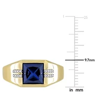 Lab Created Square Blue Sapphire and Diamond Accent Men's Ring 10k Yellow Gold