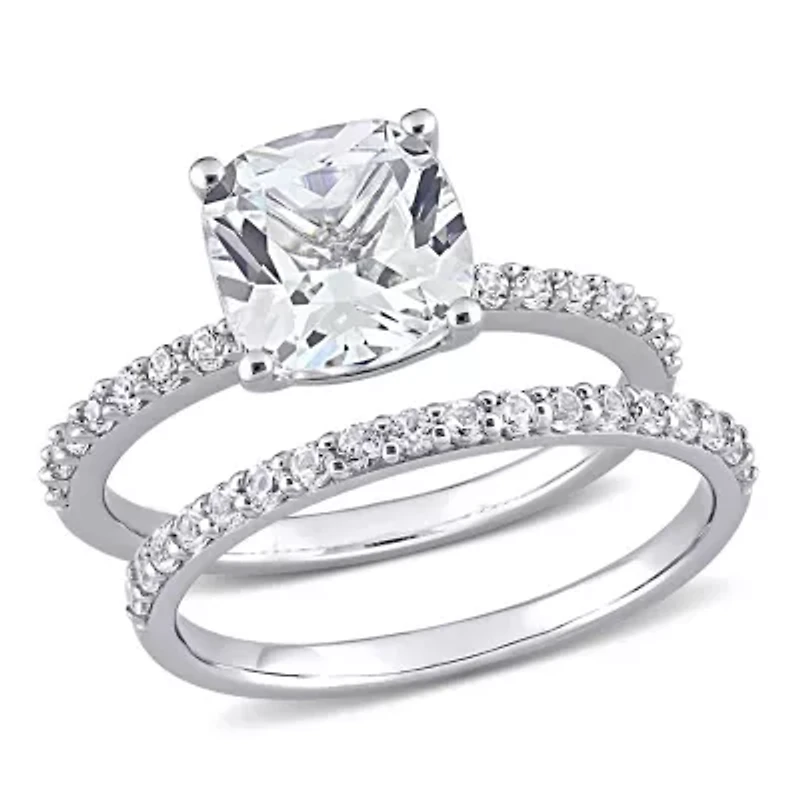 Lab Created Cushion Cut White Sapphire Engagement Ring and Matching Eternity 2pc Set 10K Gold