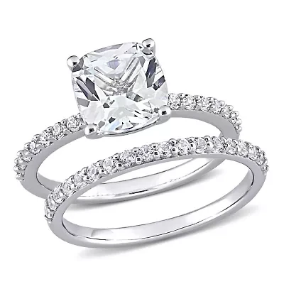 Lab Created Cushion Cut White Sapphire Engagement Ring and Matching Eternity 2pc Set 10K Gold