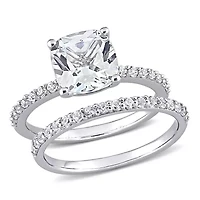 Lab Created Cushion Cut White Sapphire Engagement Ring and Matching Eternity 2pc Set 10K Gold