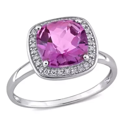 Cushion Cut Checkerboard Pink Topaz Halo Ring with 1/10 CT TW Diamonds 10k White Gold