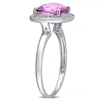 Cushion Cut Checkerboard Pink Topaz Halo Ring with 1/10 CT TW Diamonds 10k White Gold