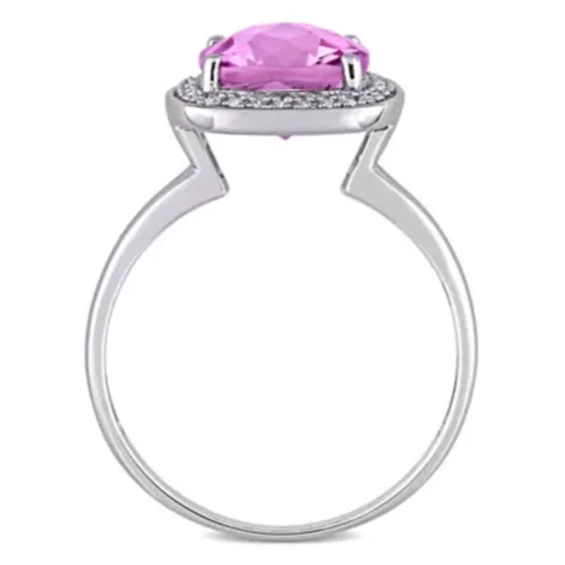 Cushion Cut Checkerboard Pink Topaz Halo Ring with 1/10 CT TW Diamonds 10k White Gold