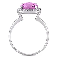 Cushion Cut Checkerboard Pink Topaz Halo Ring with 1/10 CT TW Diamonds 10k White Gold