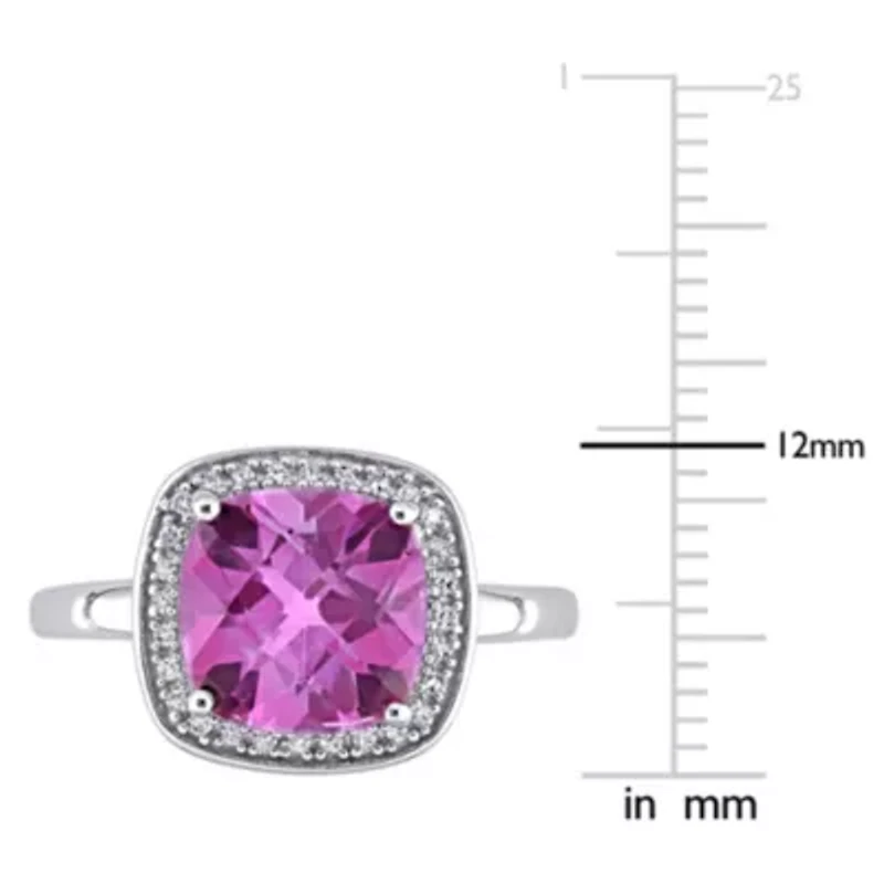 Cushion Cut Checkerboard Pink Topaz Halo Ring with 1/10 CT TW Diamonds 10k White Gold