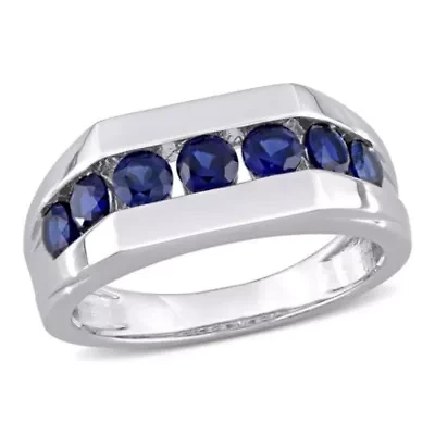 Lab Created Blue Sapphire Channel Set Men's Ring Sterling Silver
